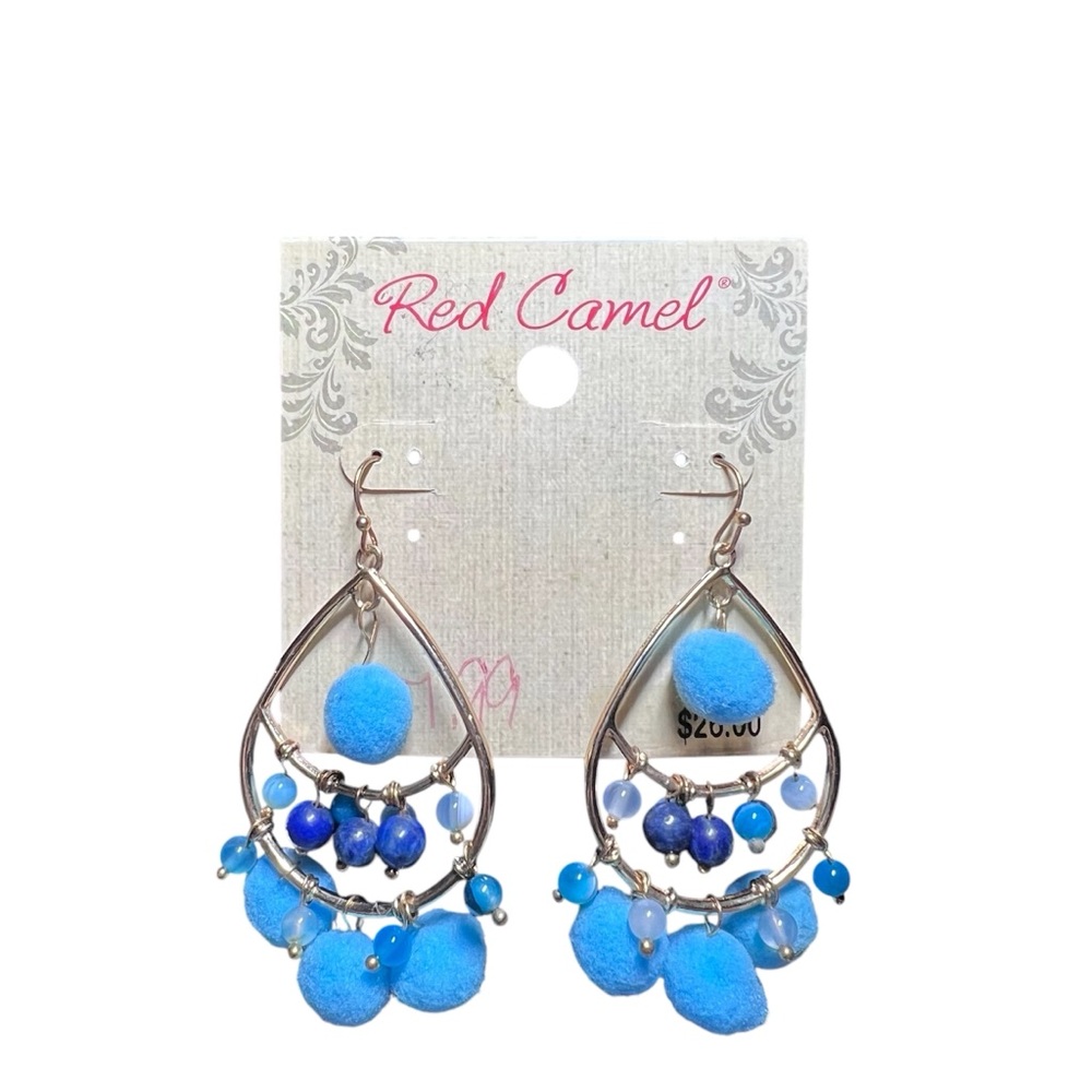 Red Camel Blue Pom Pom beaded Gold fishhook Earrings